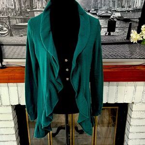 Charter Club Women Cardigan Sweater 2 Ply 100% Cashmere Ruffle Small Long Green